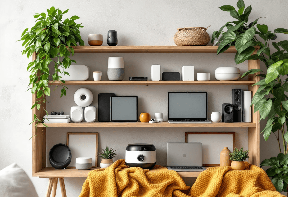Shelves with tech devices and decor