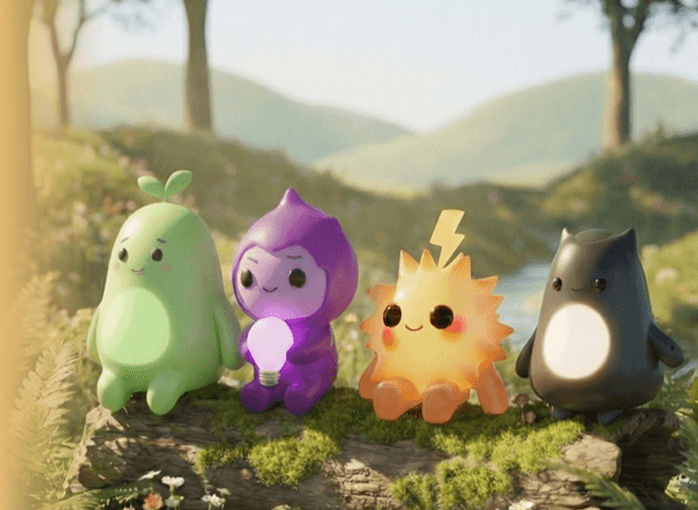Four colorful animated characters standing outdoors in a bright valley