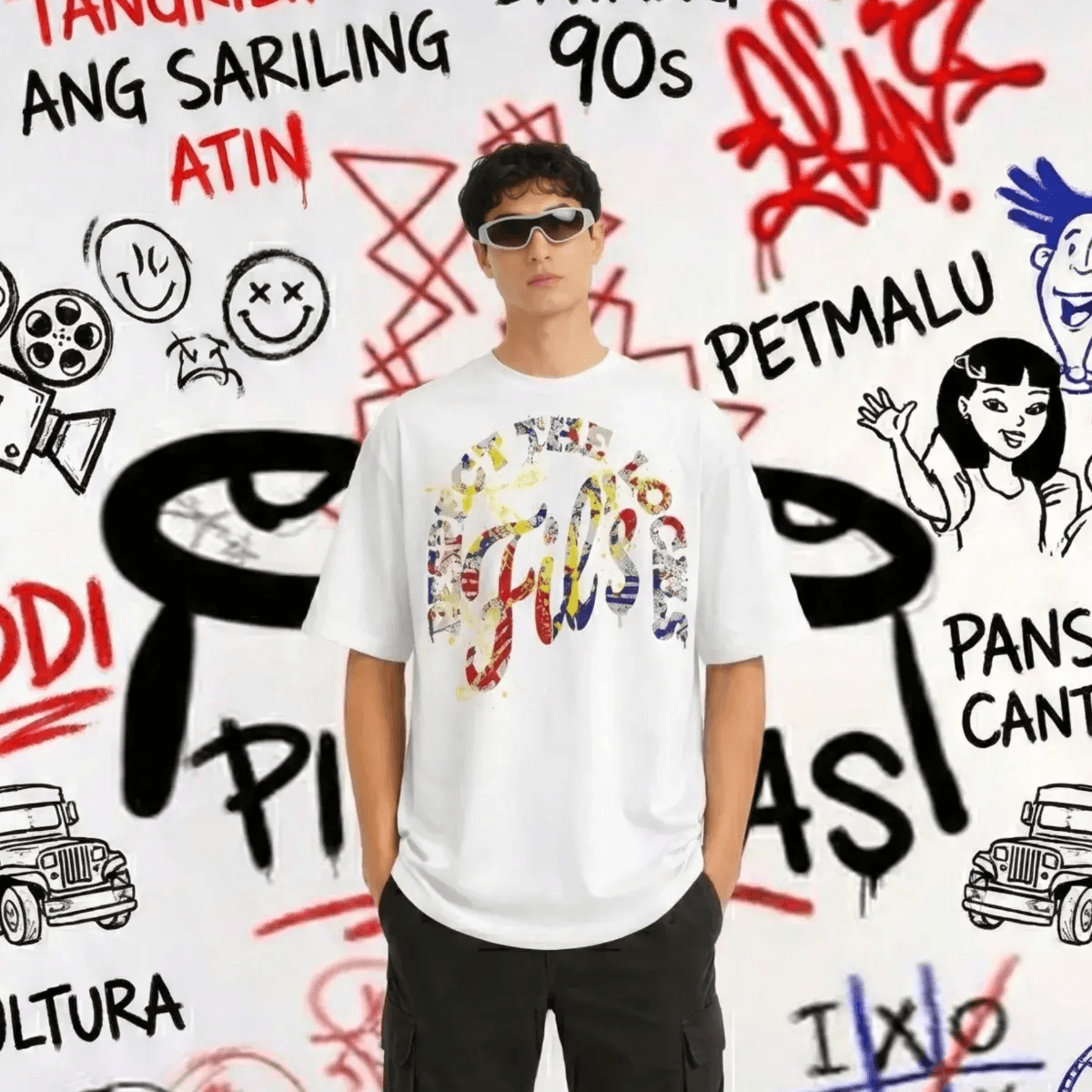 Model in a white graphic shirt standing in front of graffiti artwork